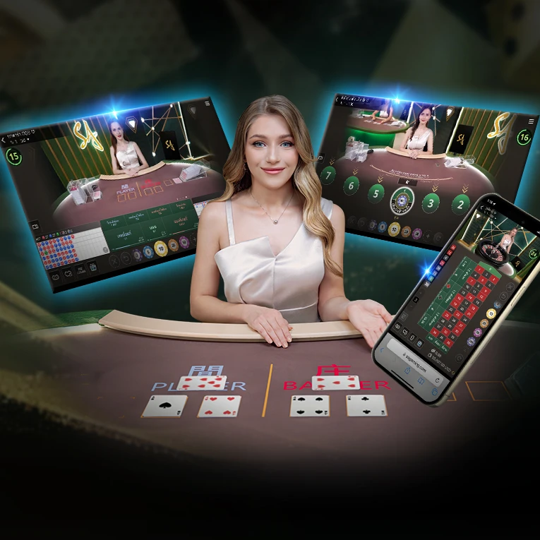 A graphic showcasing 'SA Gaming' with a woman in a red dress at the center. Surrounding her are two screens displaying online blackjack tables and a smartphone with game graphics. The background features a casino setting.